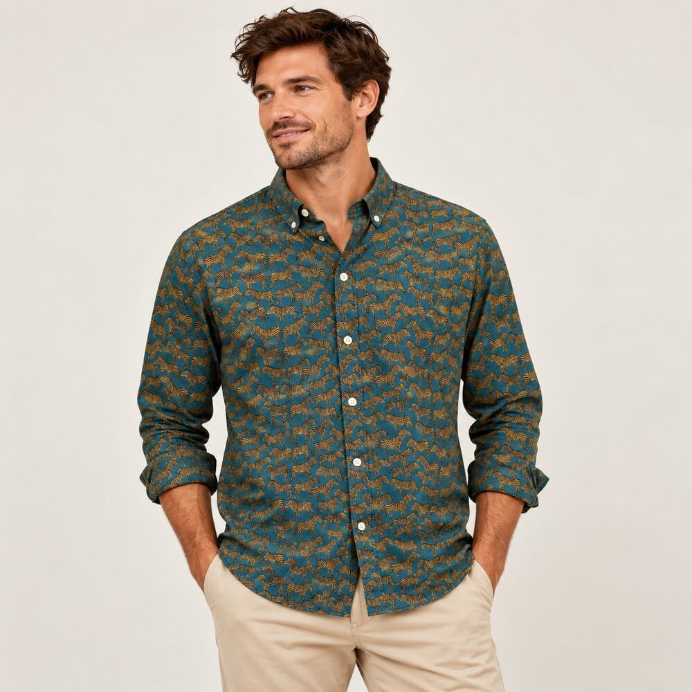 Bonobos teal long sleeve zebra print button up shirt XL tailored slim fit